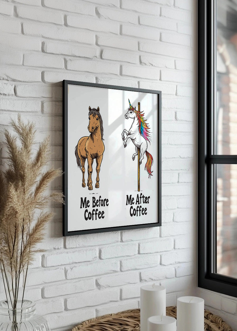 Cuadro Antes y después de café - unicornios