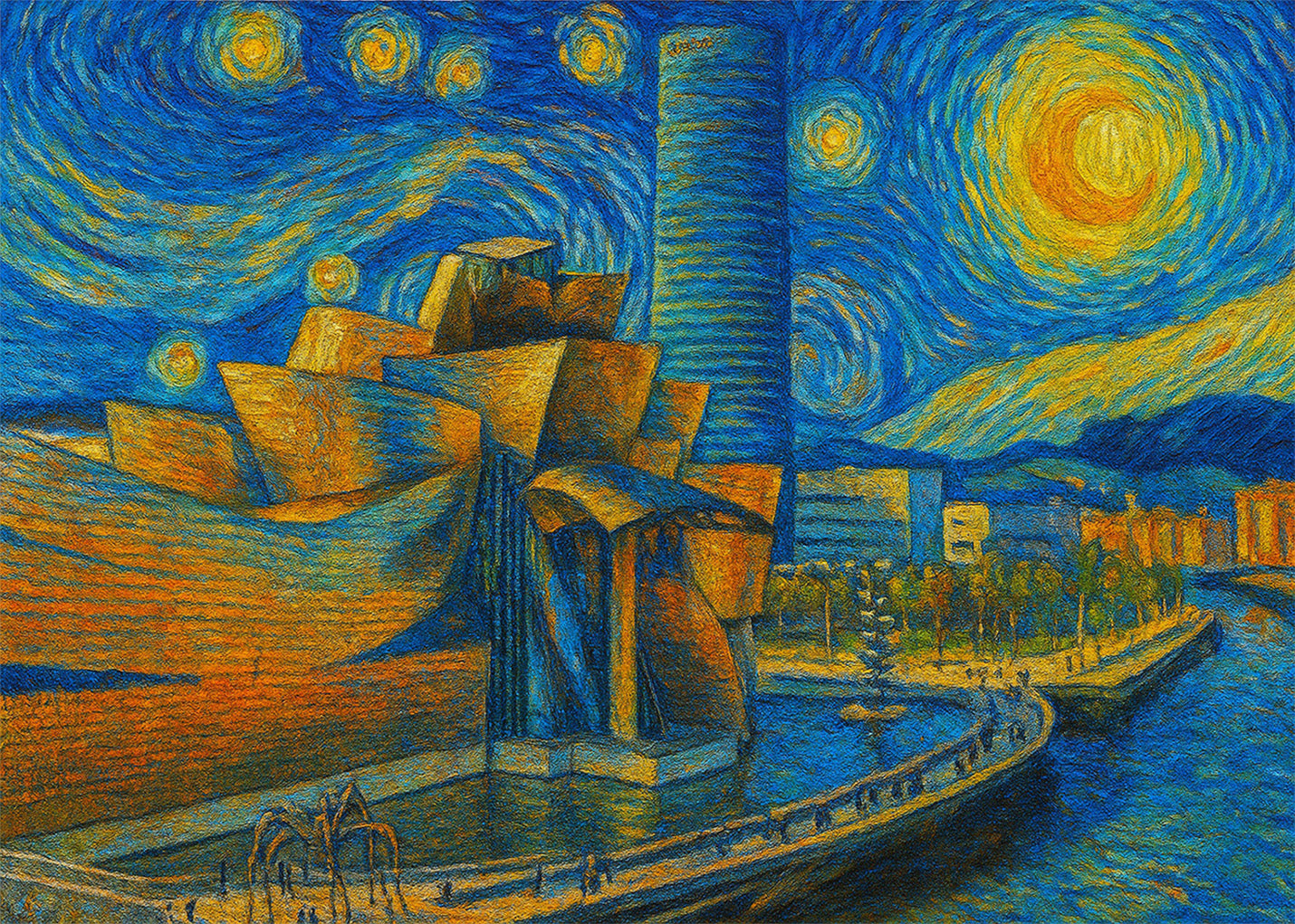 Cuadro Bilbao Guggenheim estilo Noche Estrellada