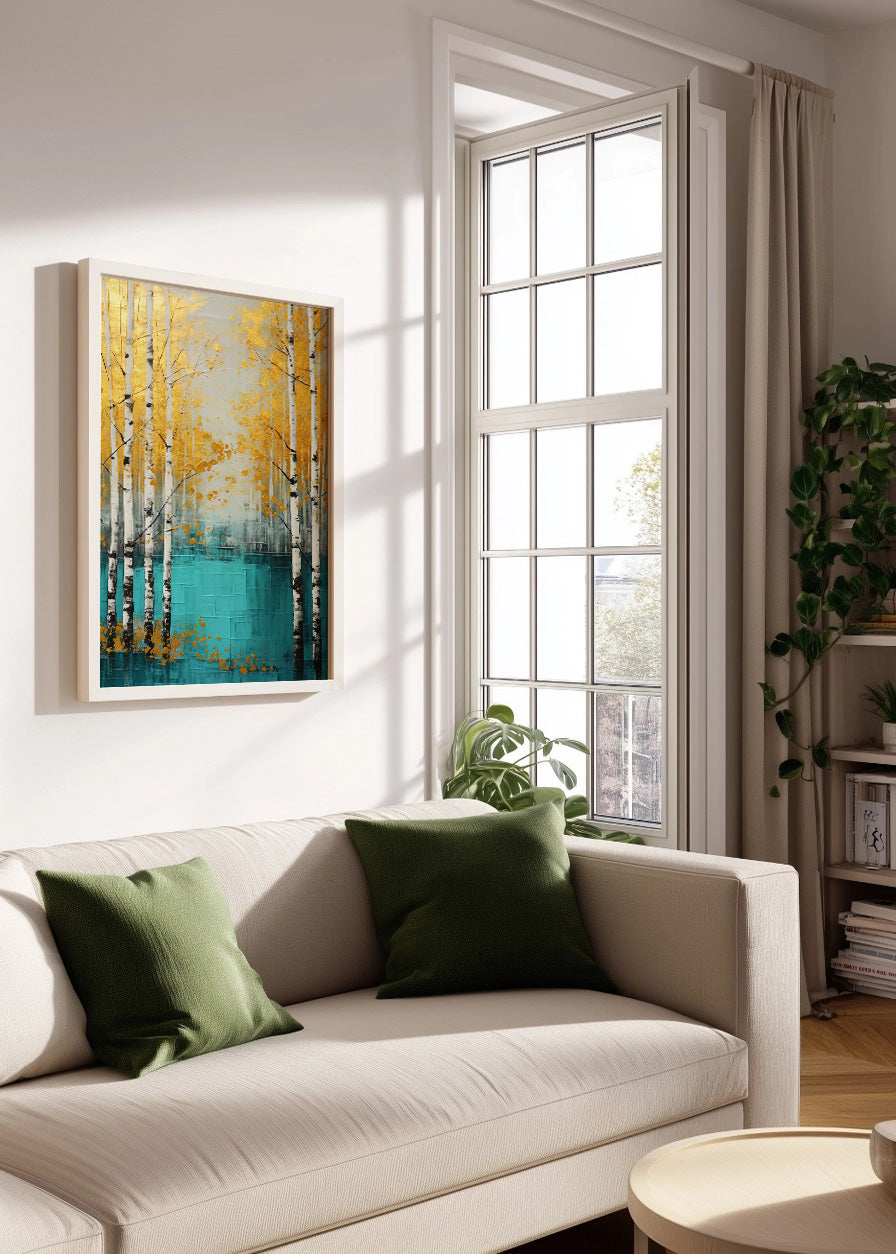 Cuadro Blue river in a yellow forest