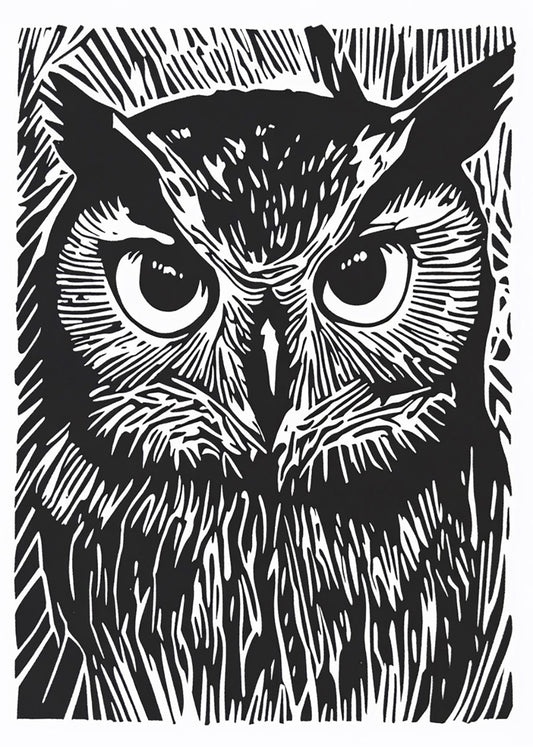 Cuadro Búho diseño Linocut - blanco y negro