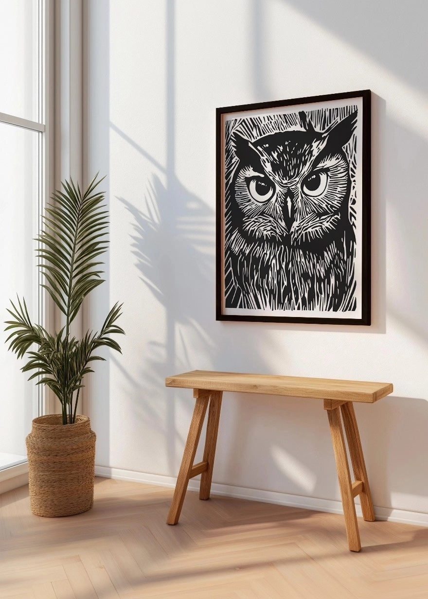 Cuadro Búho diseño Linocut - blanco y negro