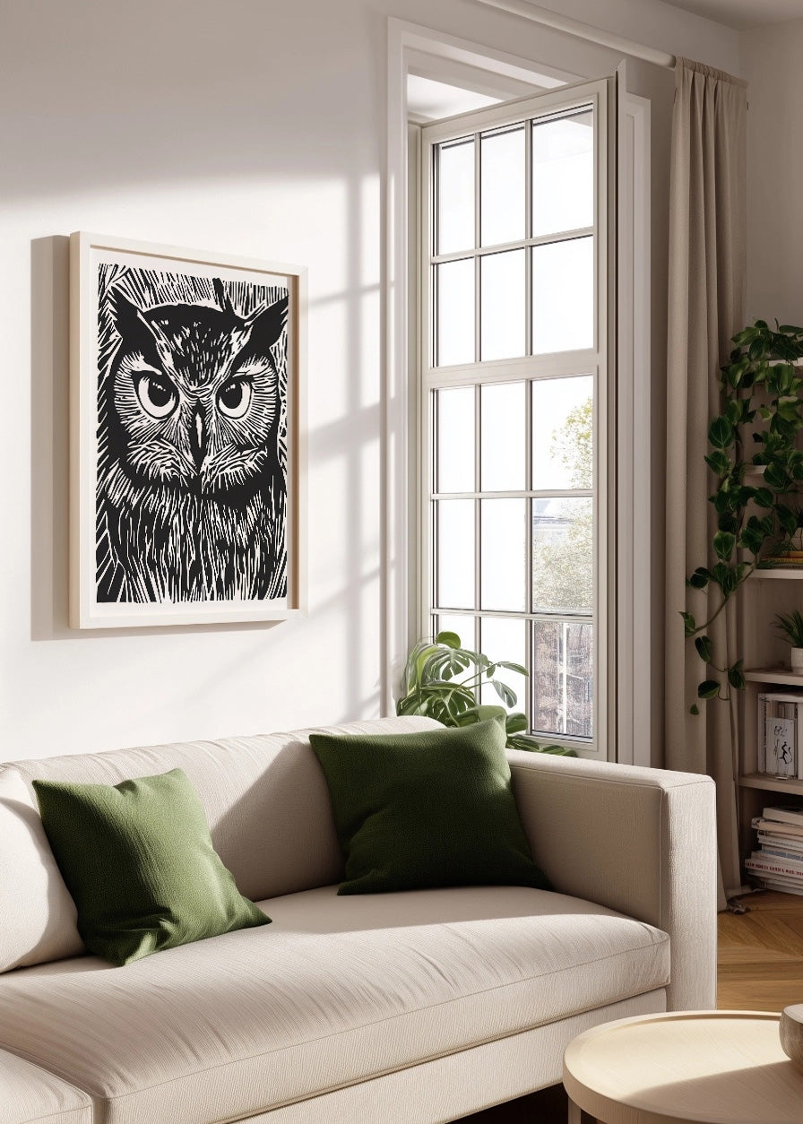 Cuadro Búho diseño Linocut - blanco y negro