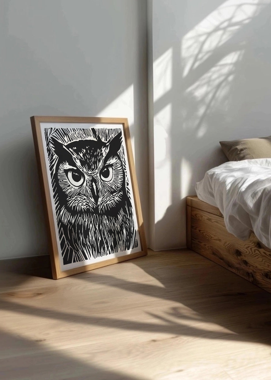 Cuadro Búho diseño Linocut - blanco y negro