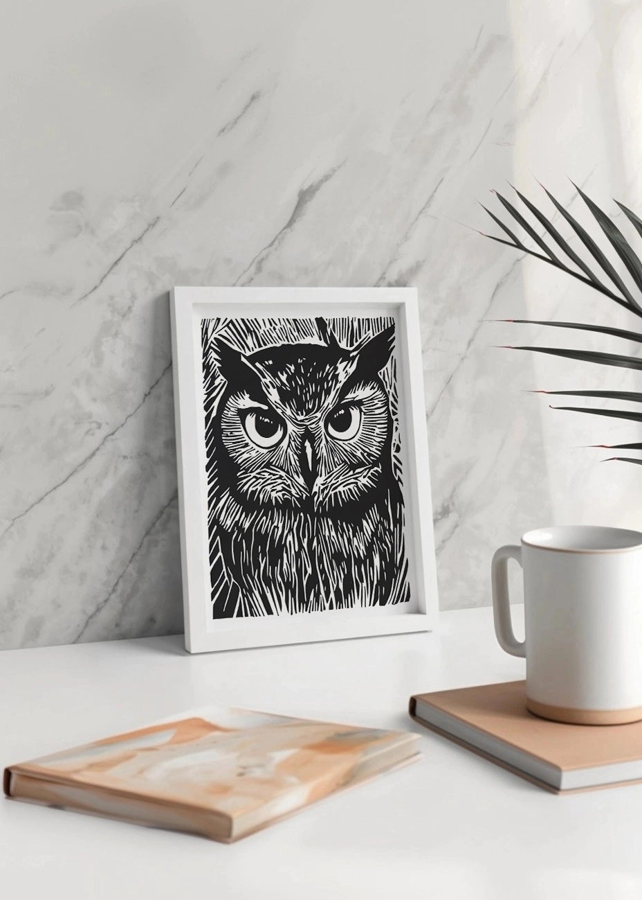 Cuadro Búho diseño Linocut - blanco y negro