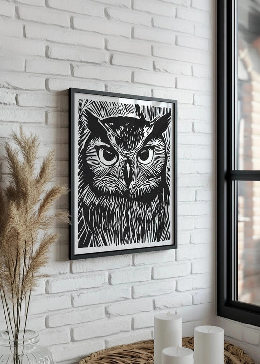 Cuadro Búho diseño Linocut - blanco y negro