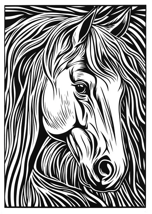 Cuadro Caballo diseño Linocut - blanco y negro