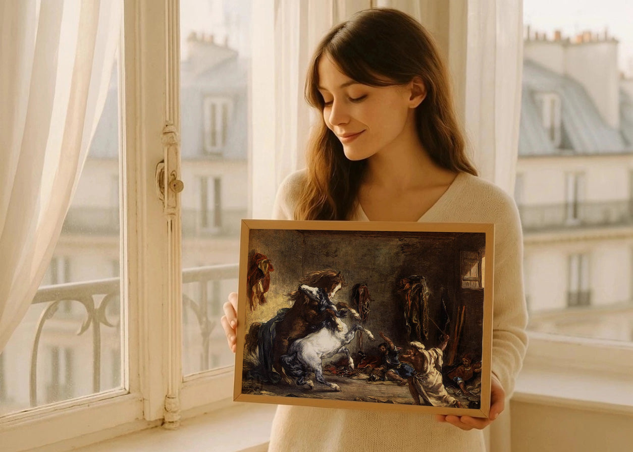 Cuadro Caballos árabes peleando en un establo (Delacroix)