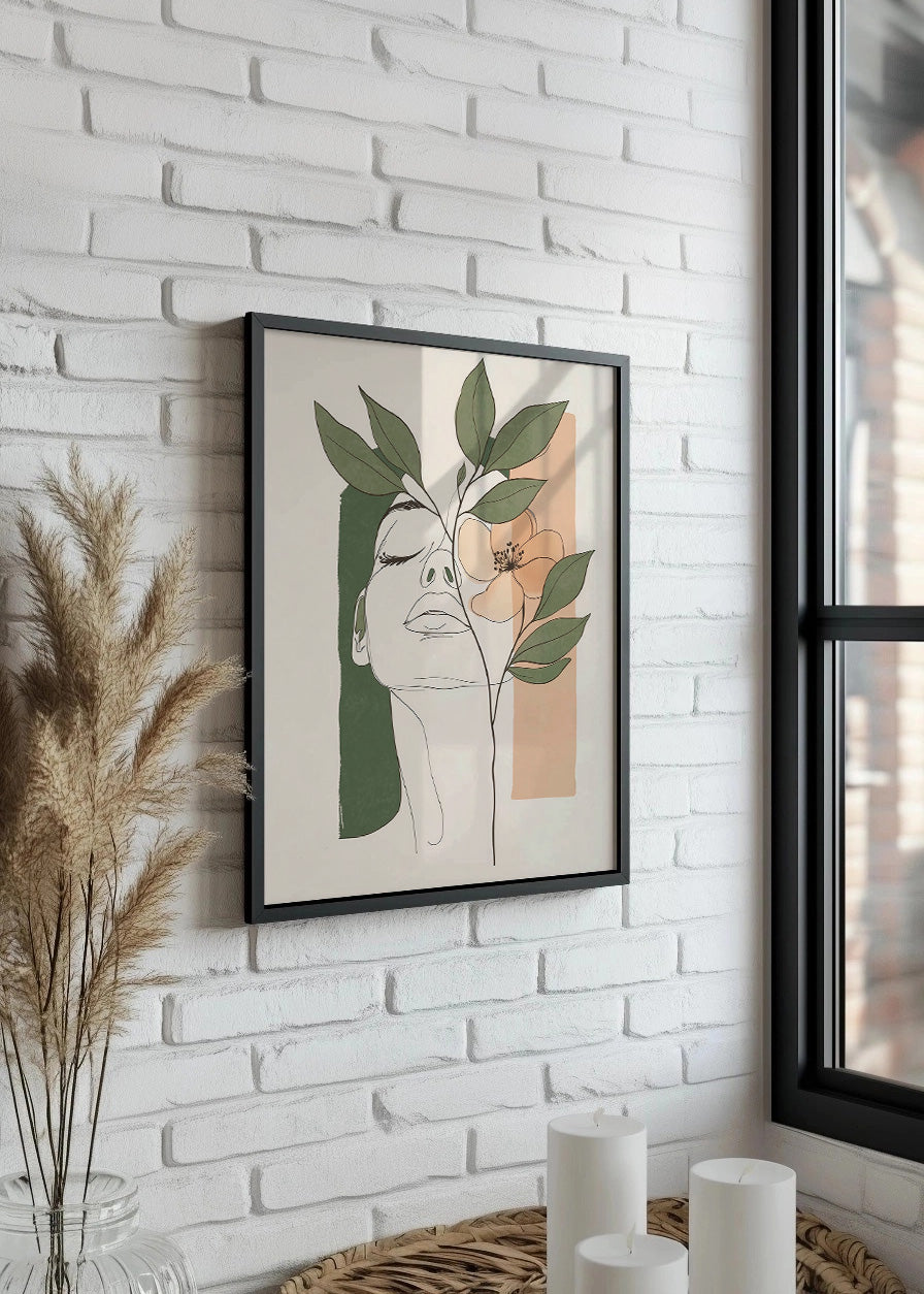 Cuadro Chica con flor en rosa y gris