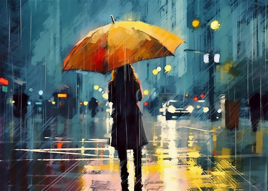 Cuadro Mujer bajo la lluvia en la ciudad