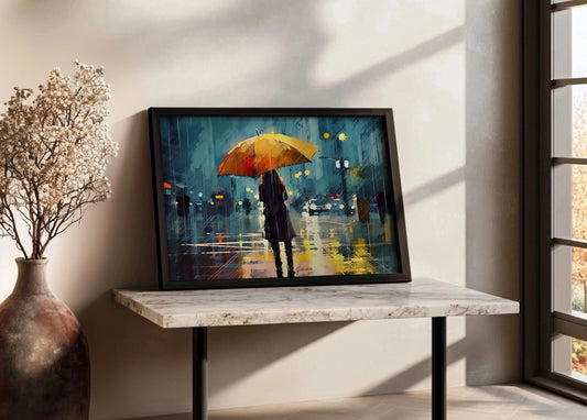 Cuadro Mujer bajo la lluvia en la ciudad