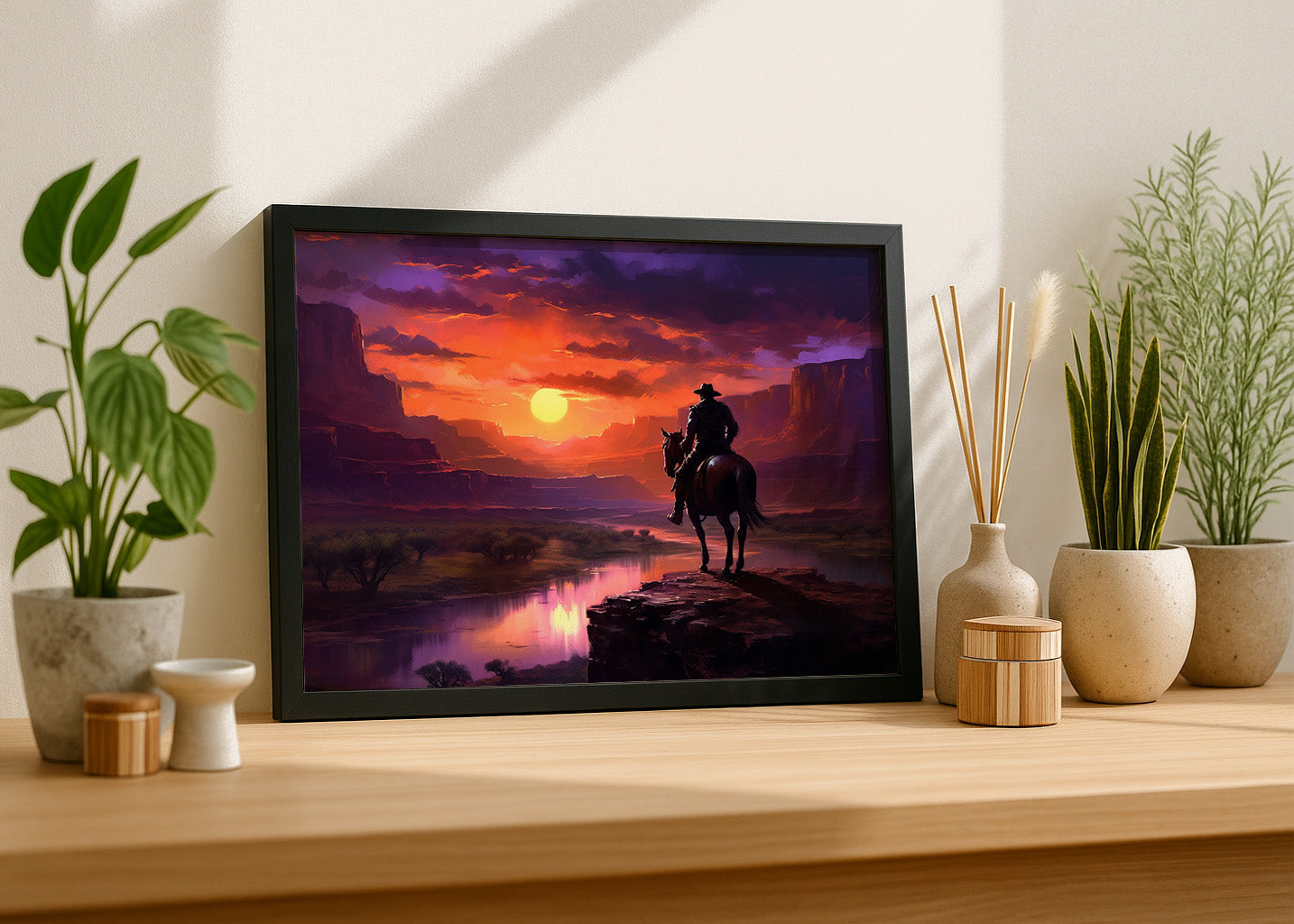 Cuadro Vaquero a caballo en el atardecer