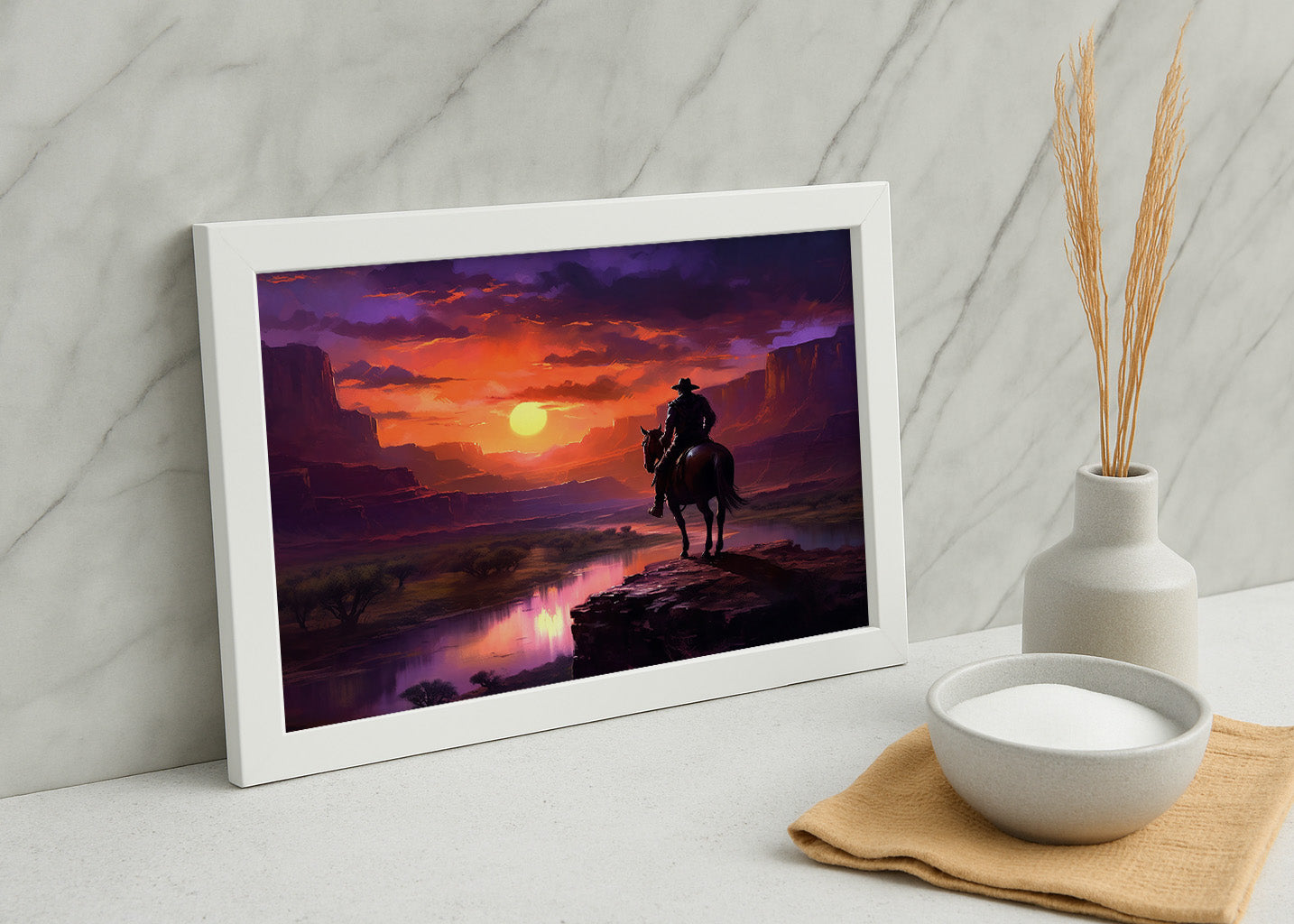 Cuadro Vaquero a caballo en el atardecer