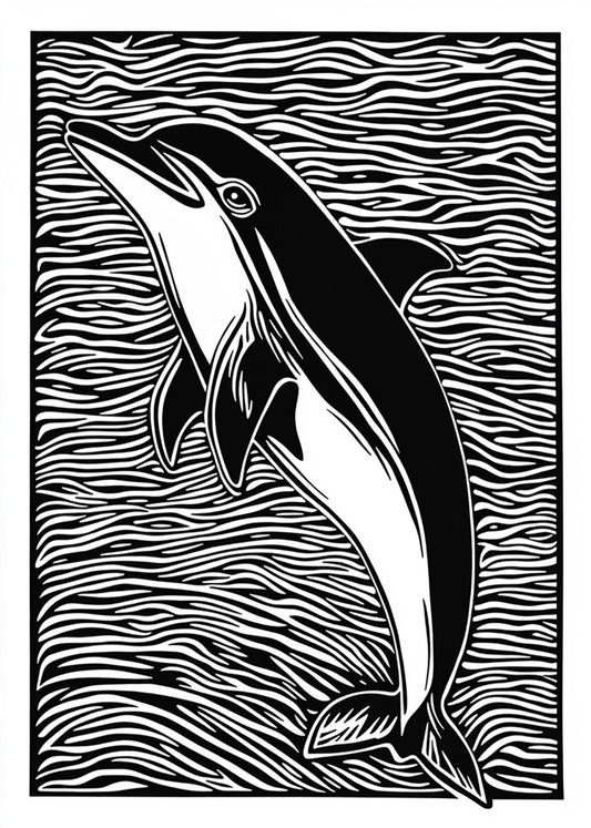 Cuadro Delfín diseño Linocut - blanco y negro
