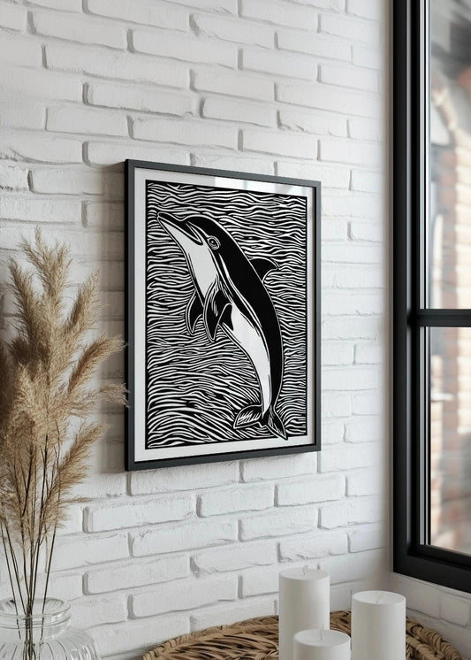 Cuadro Delfín diseño Linocut - blanco y negro