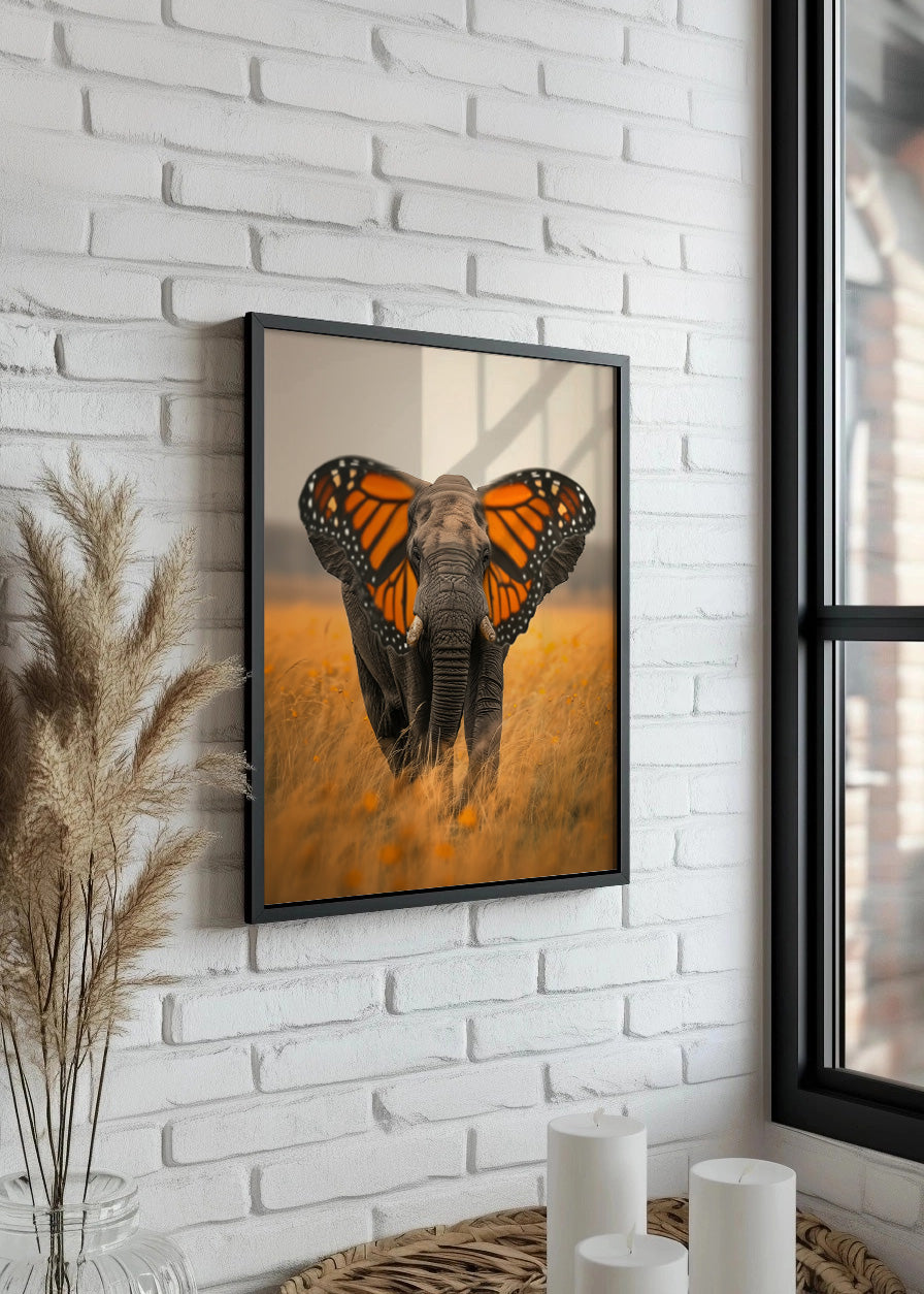 Cuadro Elefante mariposa con tonos naranjas