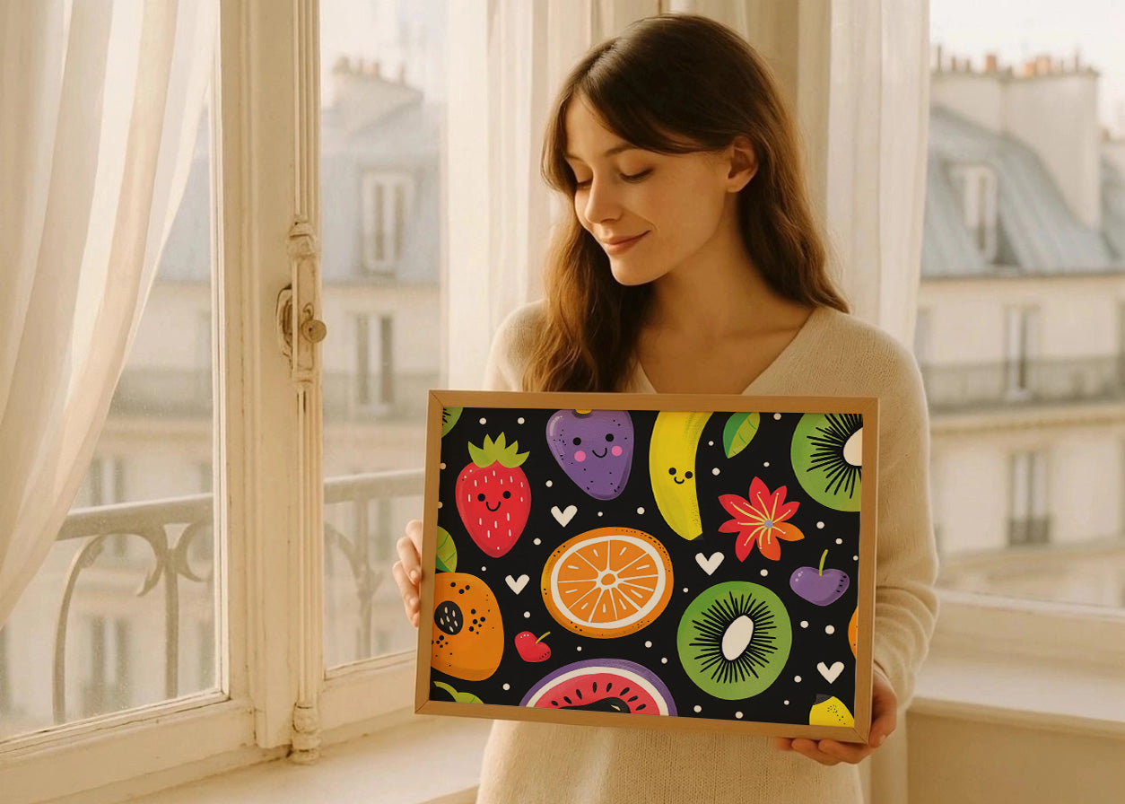 Cuadro Estampado de frutas, flores y corazones