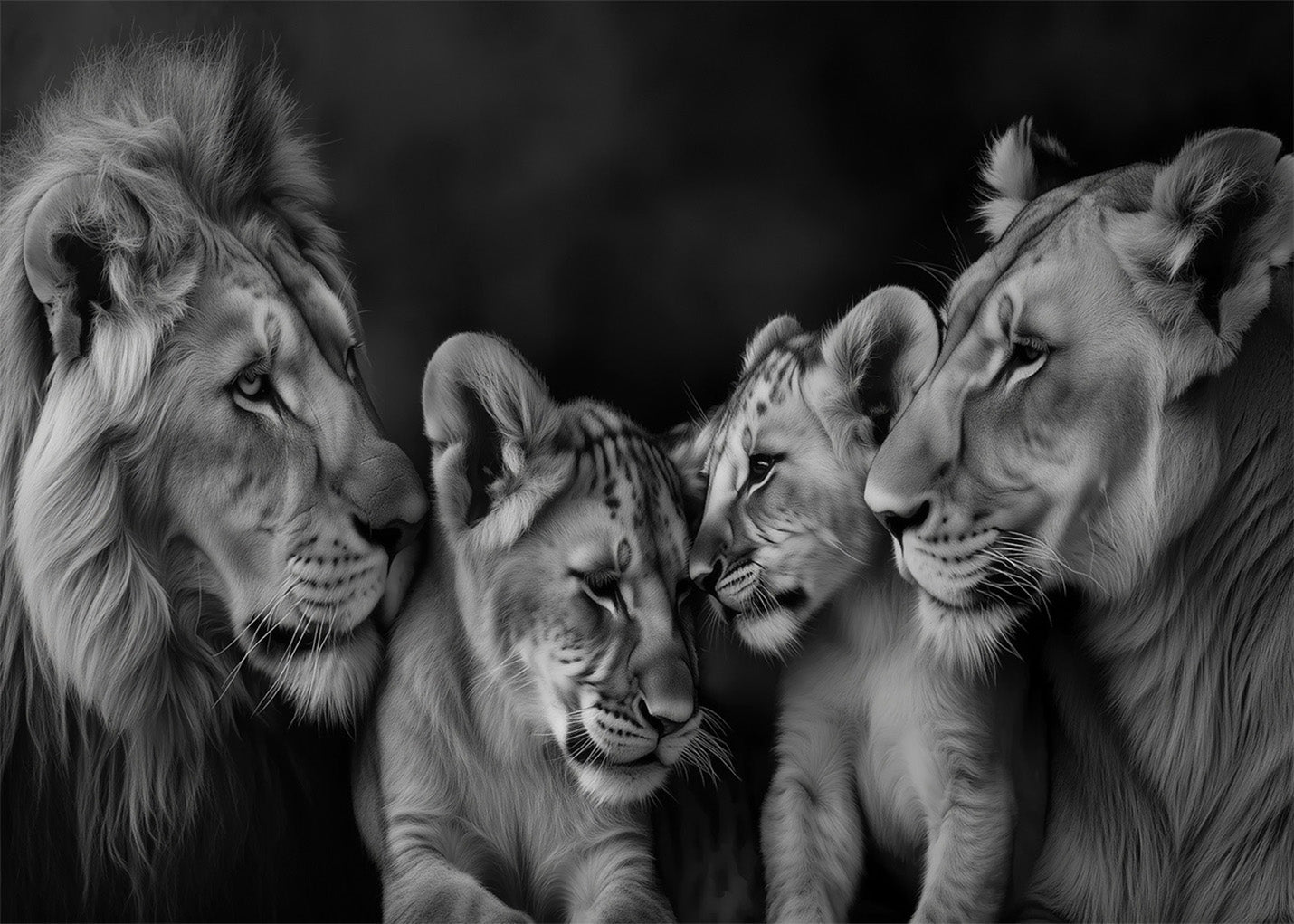 Cuadro Familia de cuatro leones en blanco y negro