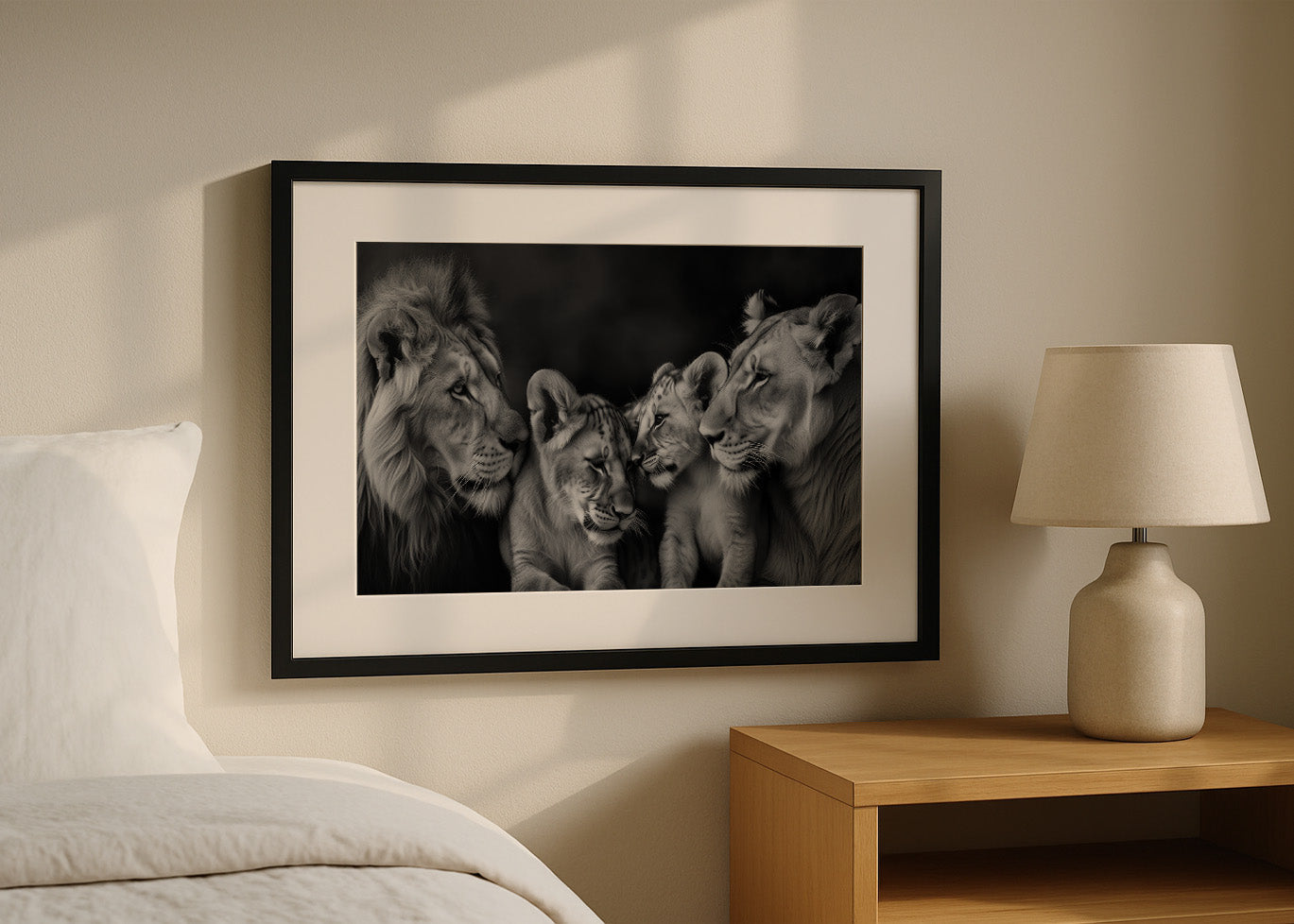 Cuadro Familia de cuatro leones en blanco y negro