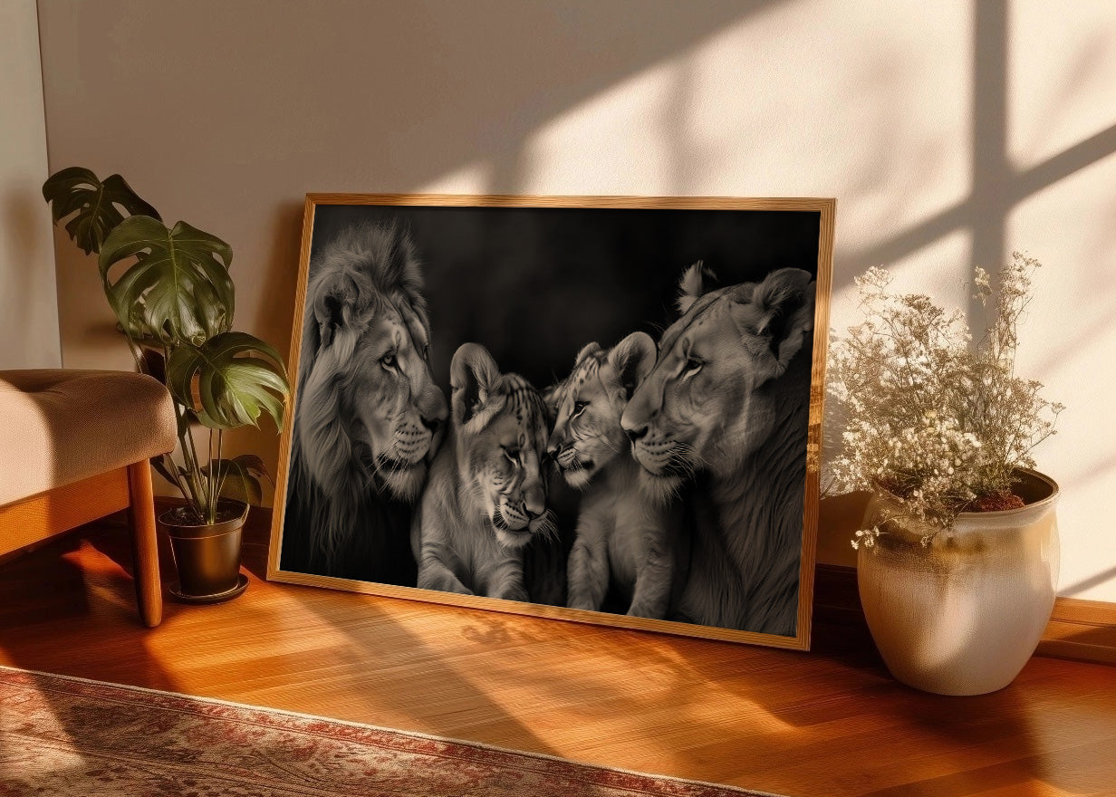 Cuadro Familia de cuatro leones en blanco y negro