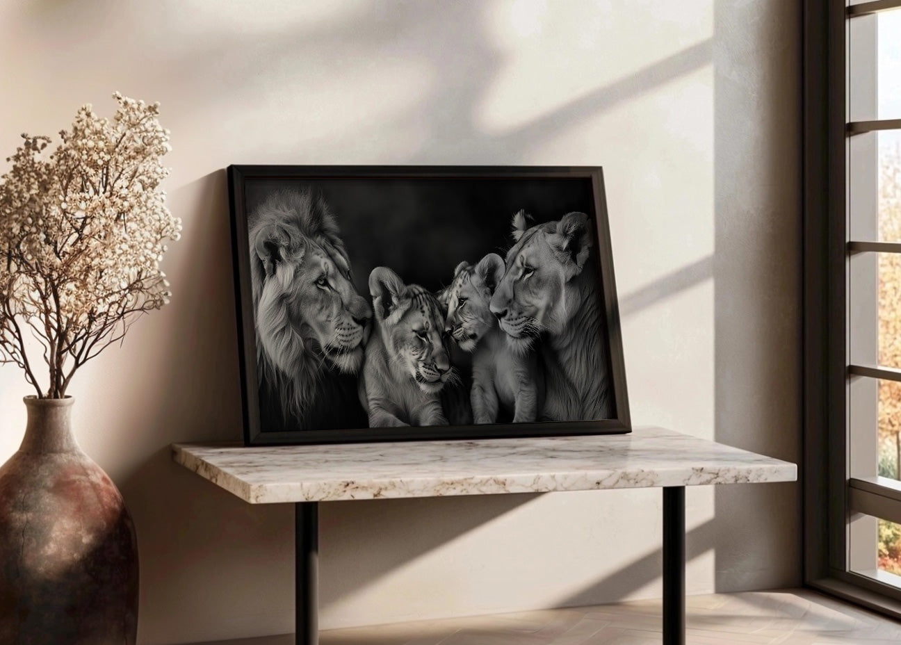 Cuadro Familia de cuatro leones en blanco y negro