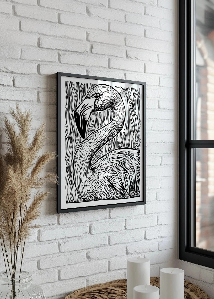 Cuadro Flamenco diseño Linocut - blanco y negro