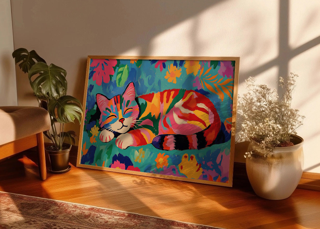 Cuadro Gatito acostado en tonos alegres