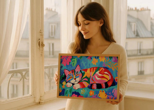 Cuadro Gatito acostado en tonos alegres