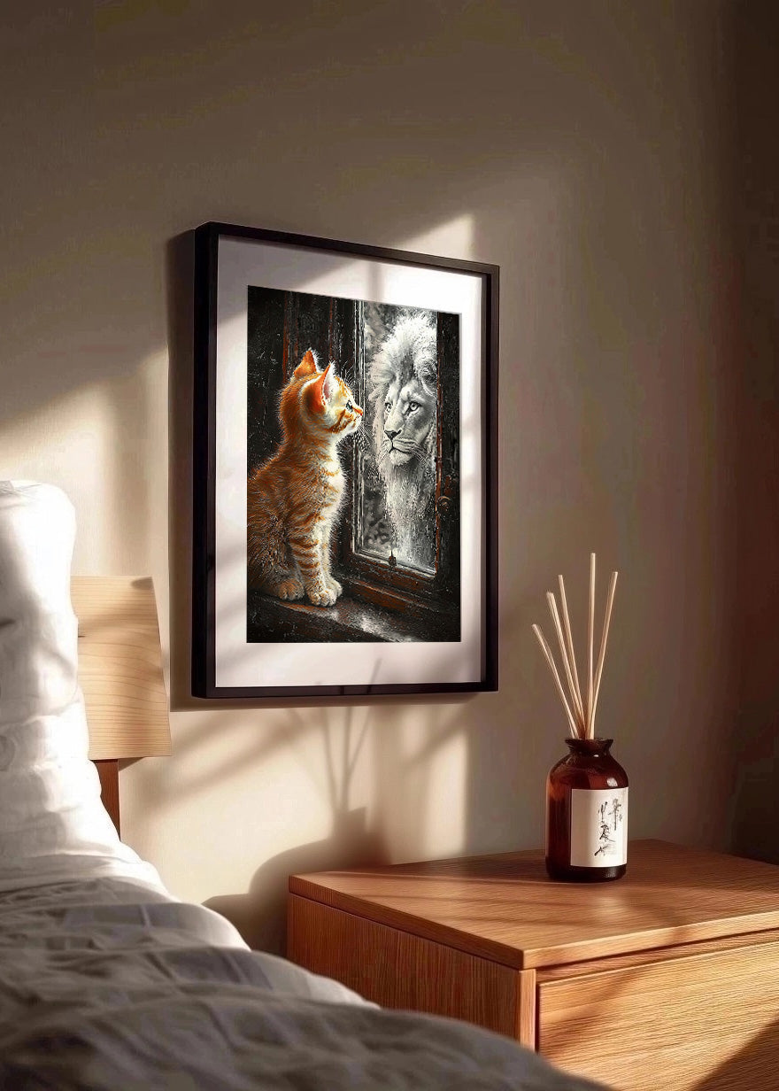 Cuadro Gatito mirando un león en el espejo