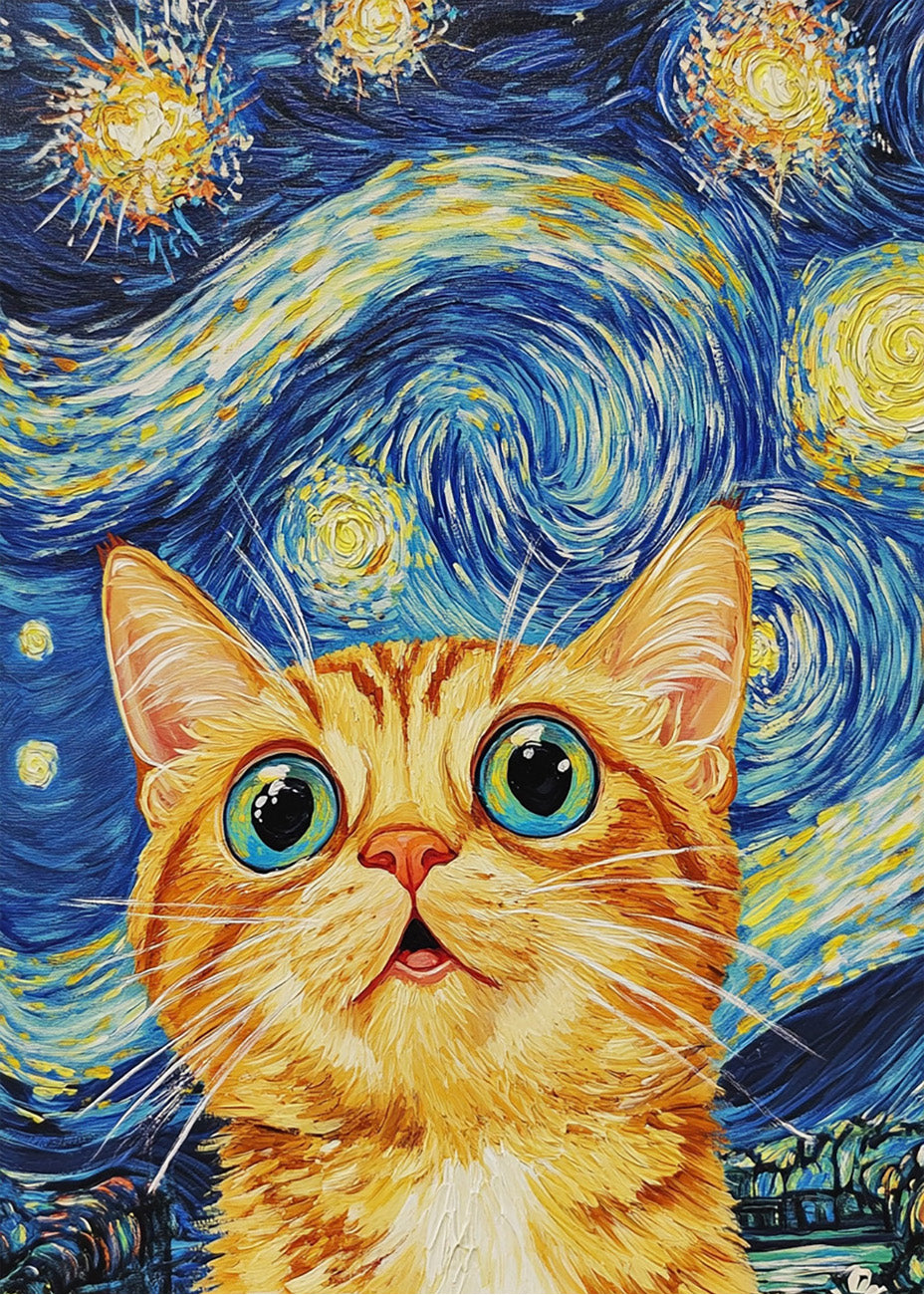 Cuadro Gato flipando en la noche estrellada