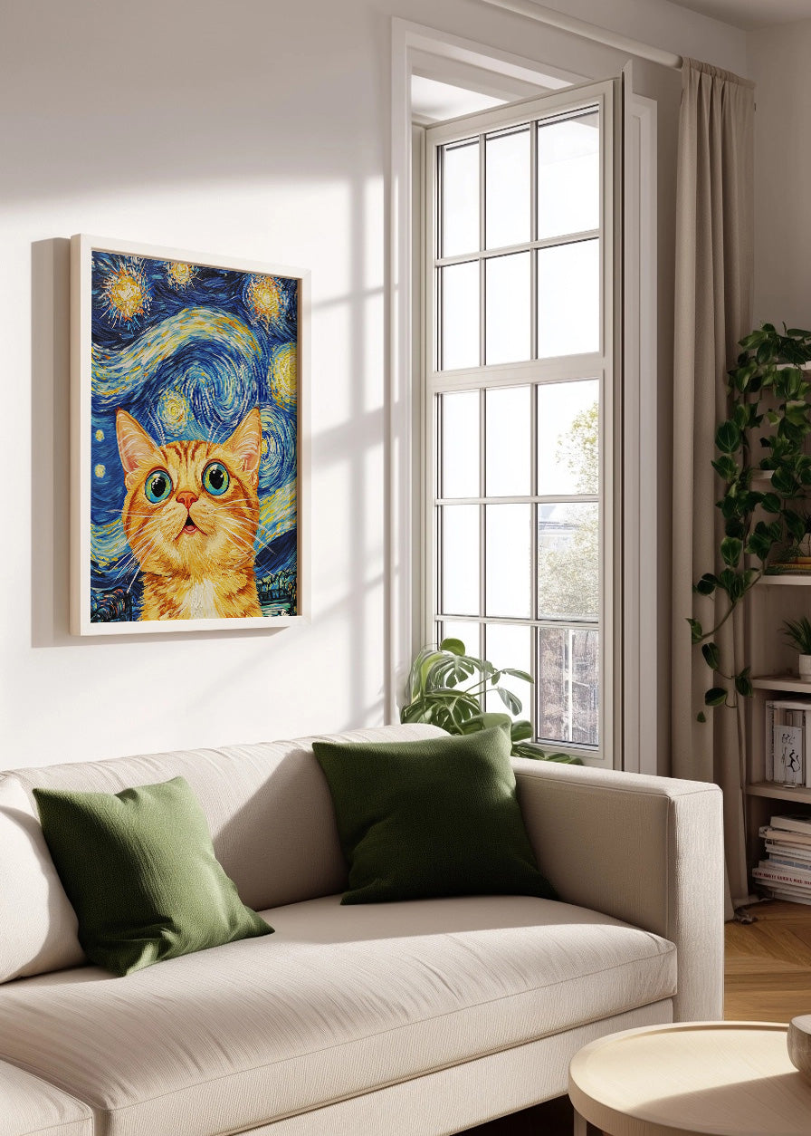 Cuadro Gato flipando en la noche estrellada
