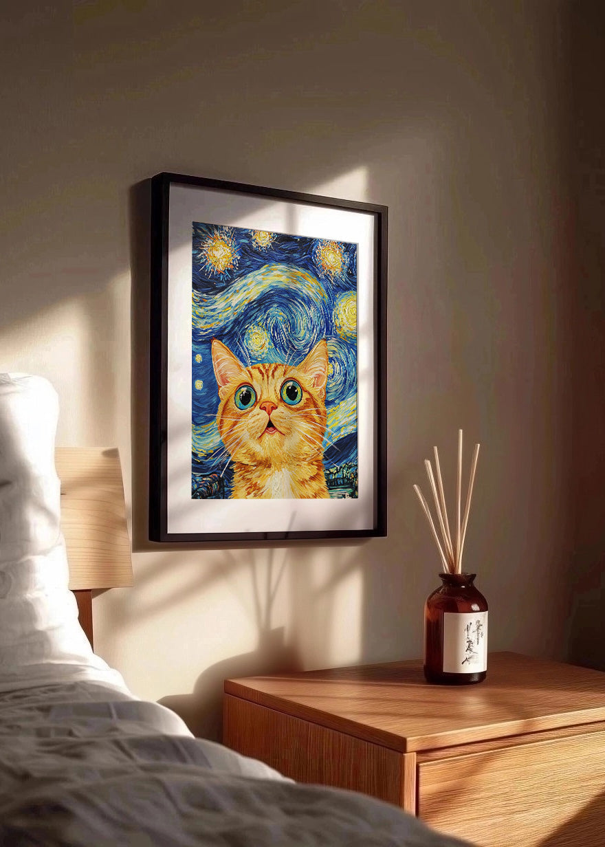Cuadro Gato flipando en la noche estrellada