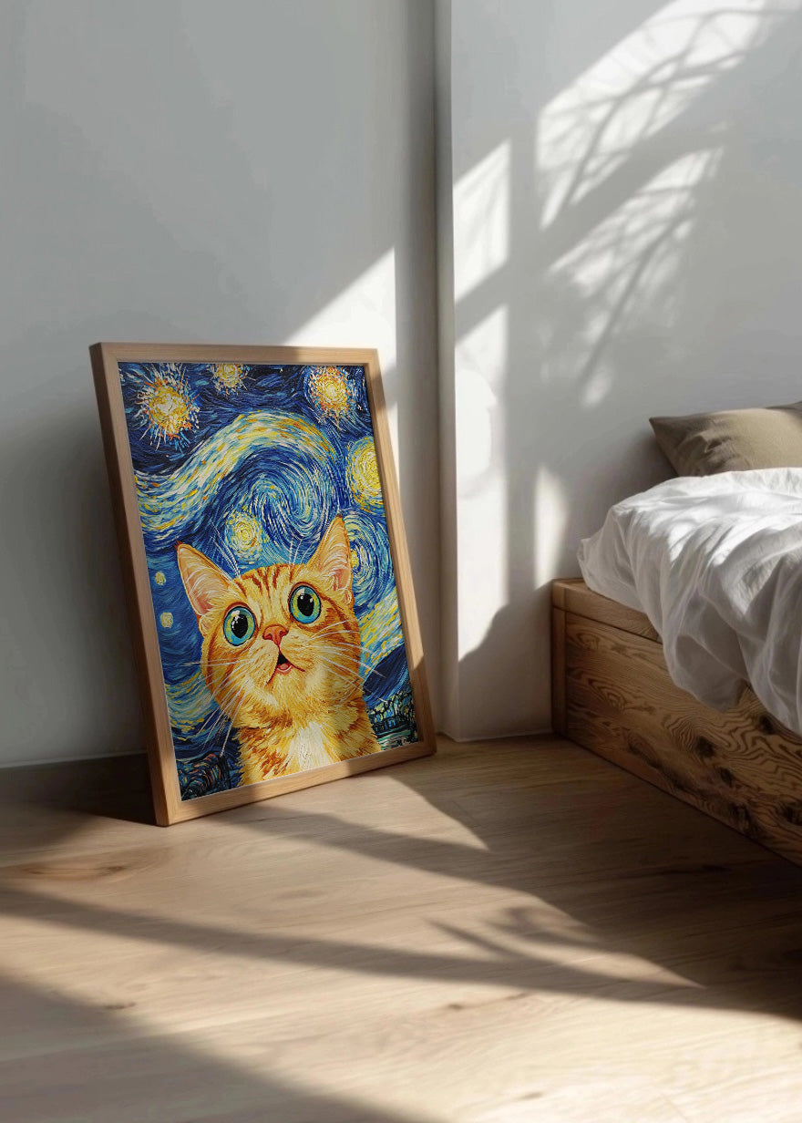 Cuadro Gato flipando en la noche estrellada