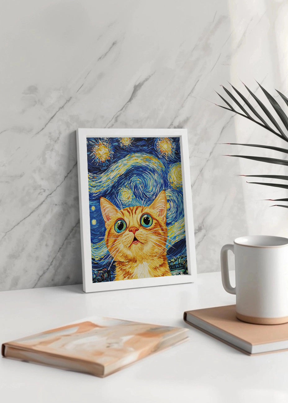 Cuadro Gato flipando en la noche estrellada