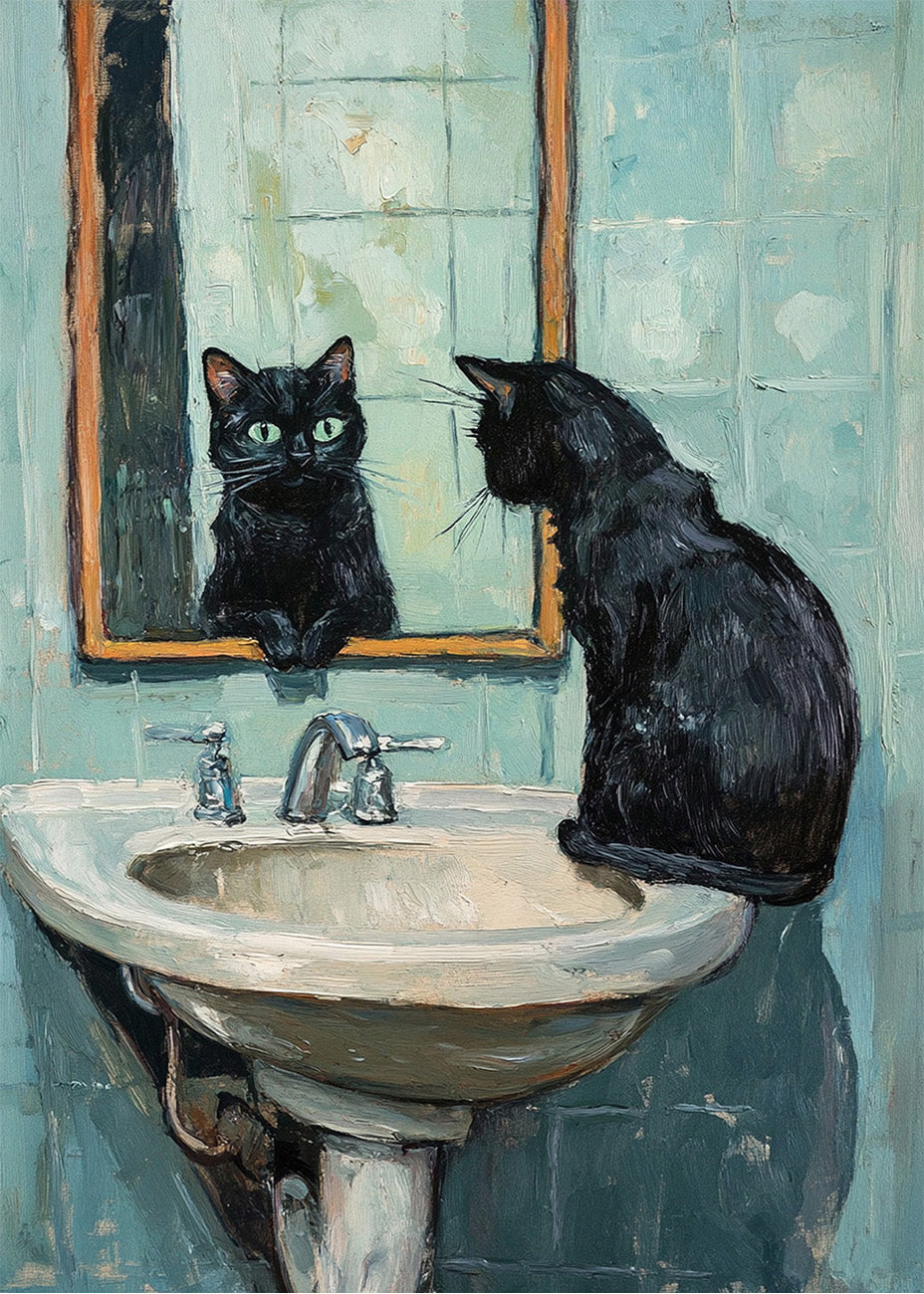 Cuadro Gato negro mirándose en el baño impresionista