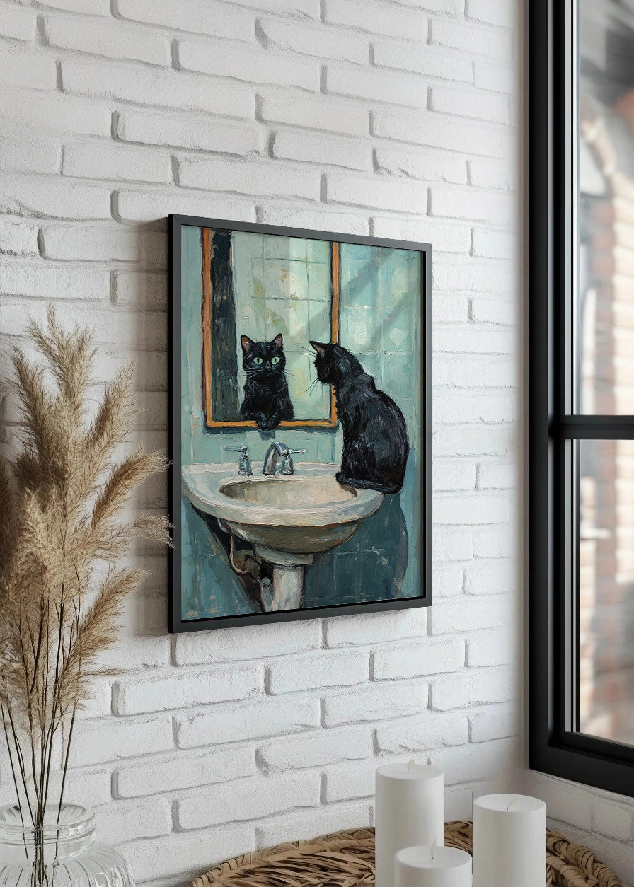 Cuadro Gato negro mirándose en el baño impresionista
