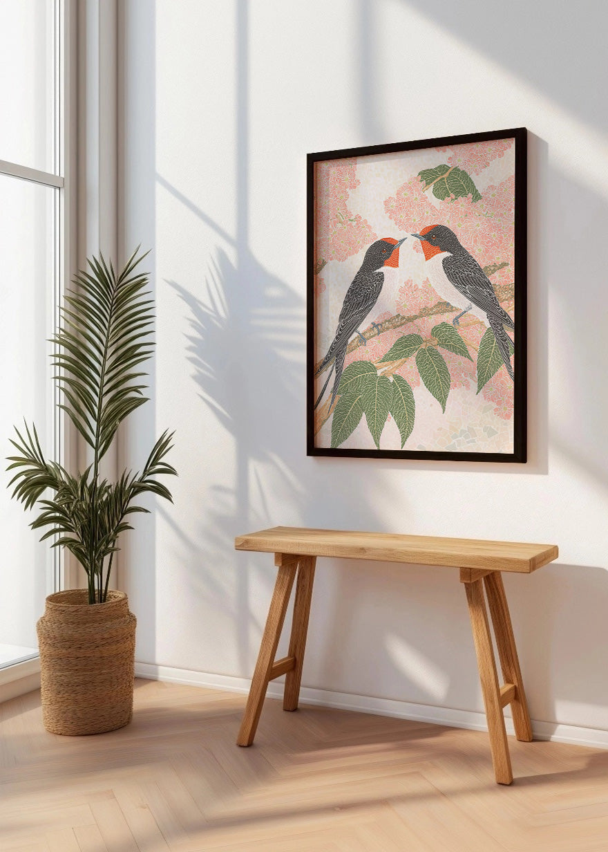 Cuadro ​Gorriones en una rama en colores pastel
