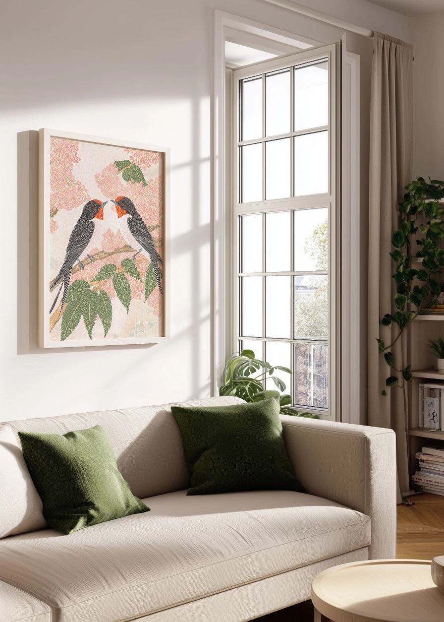 Cuadro ​Gorriones en una rama en colores pastel