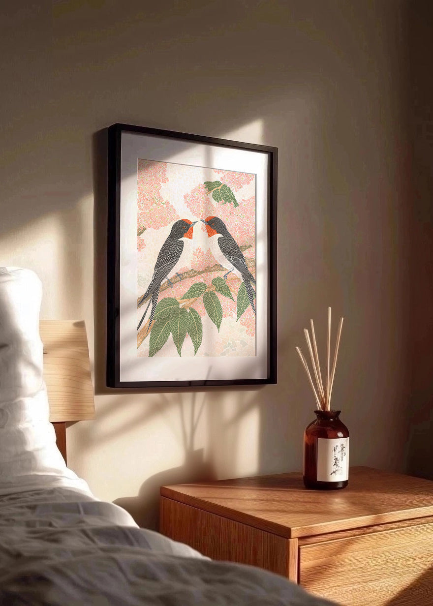 Cuadro ​Gorriones en una rama en colores pastel