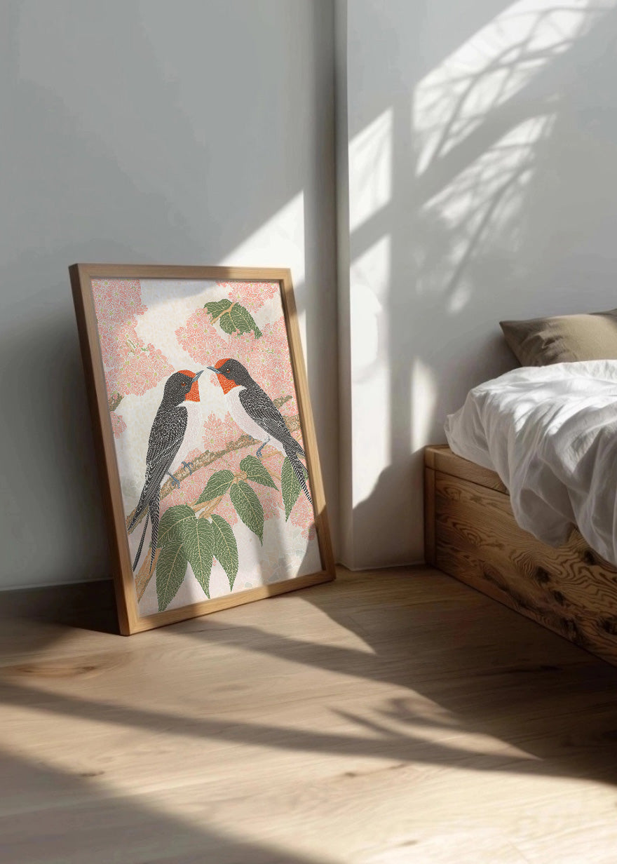 Cuadro ​Gorriones en una rama en colores pastel