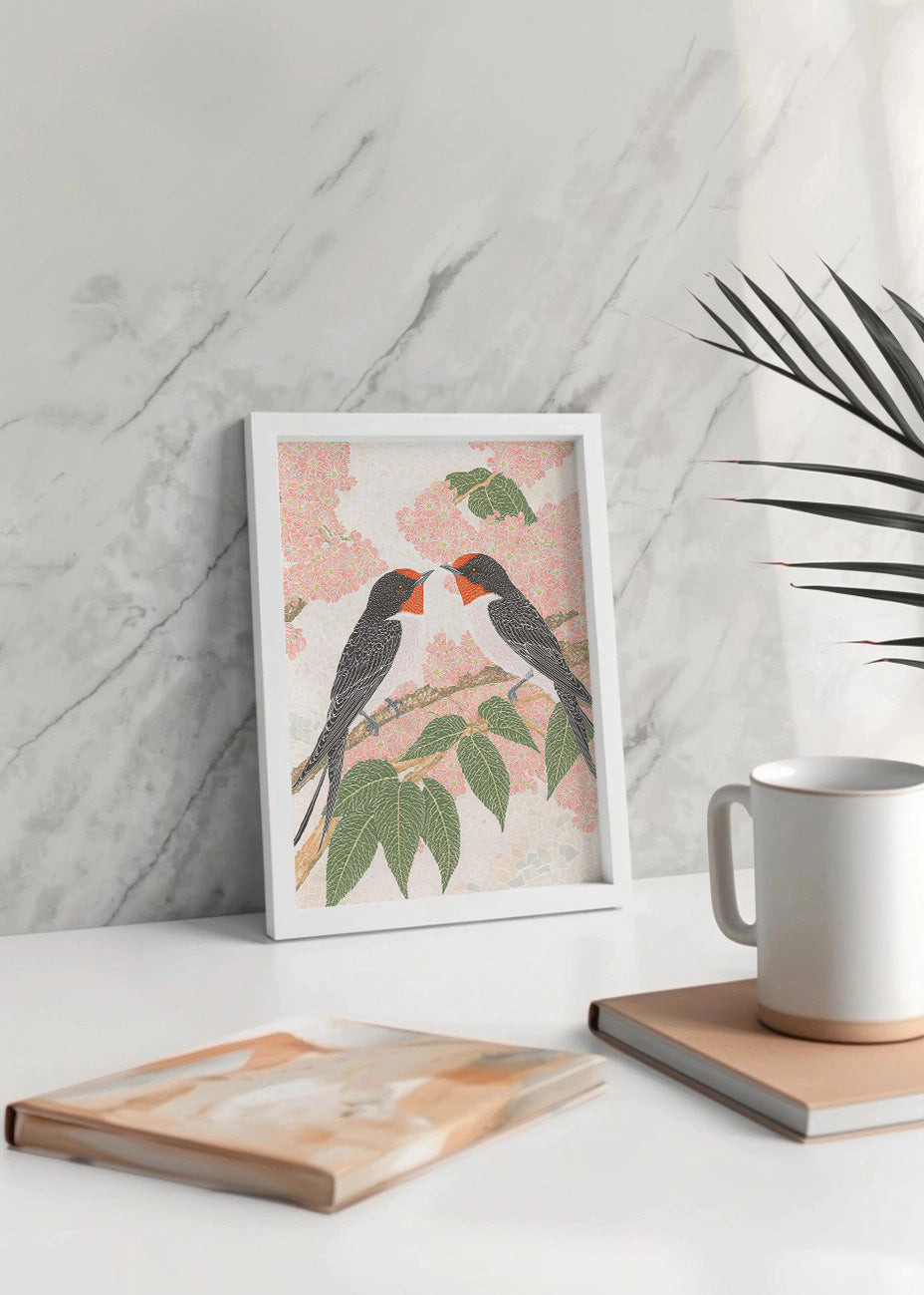 Cuadro ​Gorriones en una rama en colores pastel