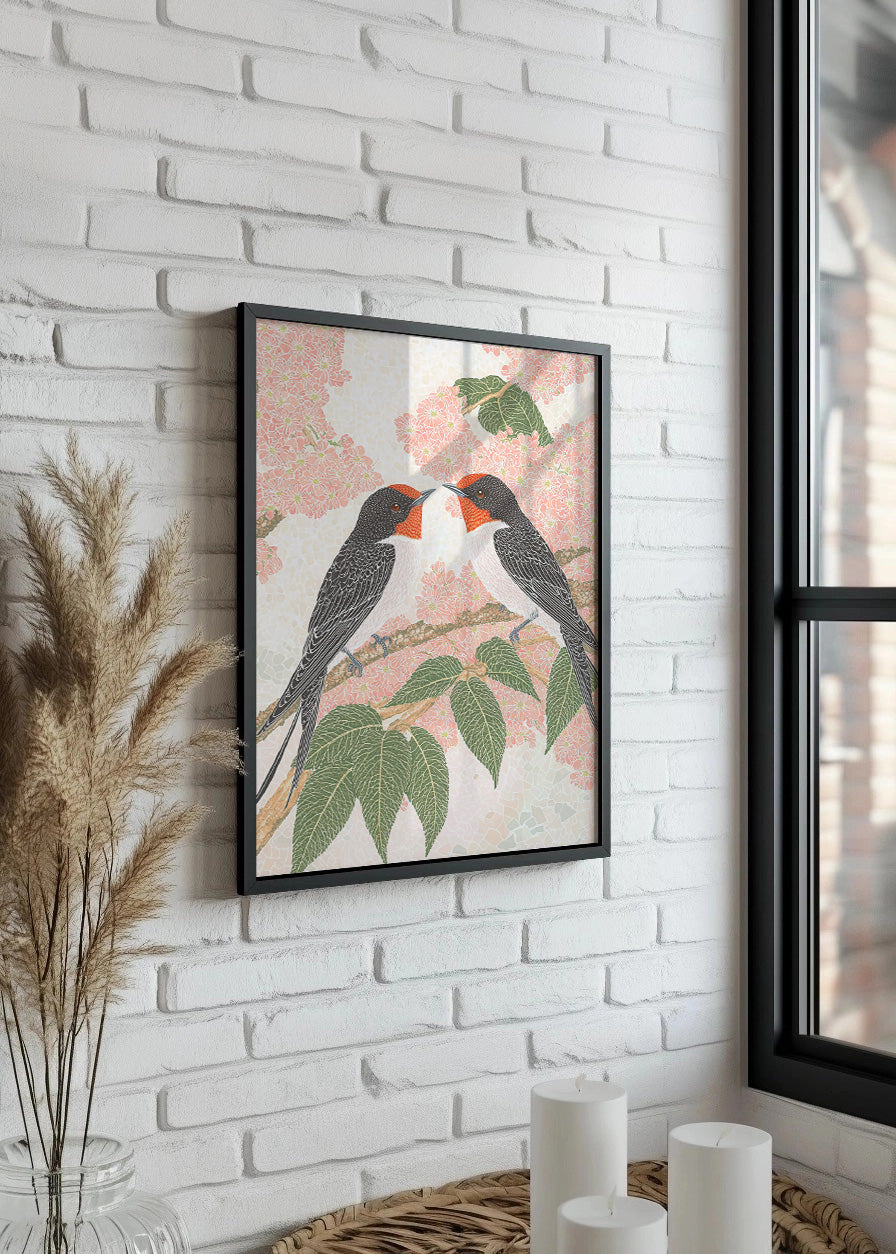 Cuadro ​Gorriones en una rama en colores pastel