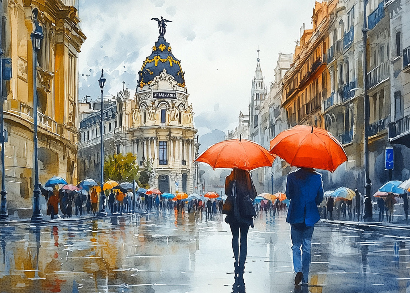 Cuadro La Gran Vía bajo paragüas