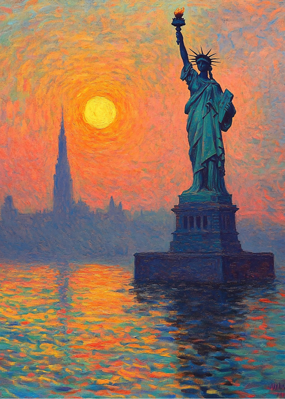 Cuadro La estatua de la libertad frente al atardecer
