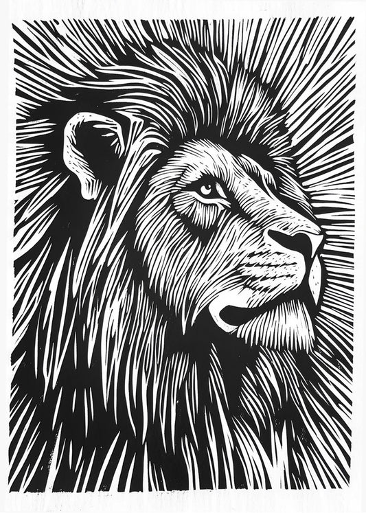 Cuadro León diseño Linocut - blanco y negro