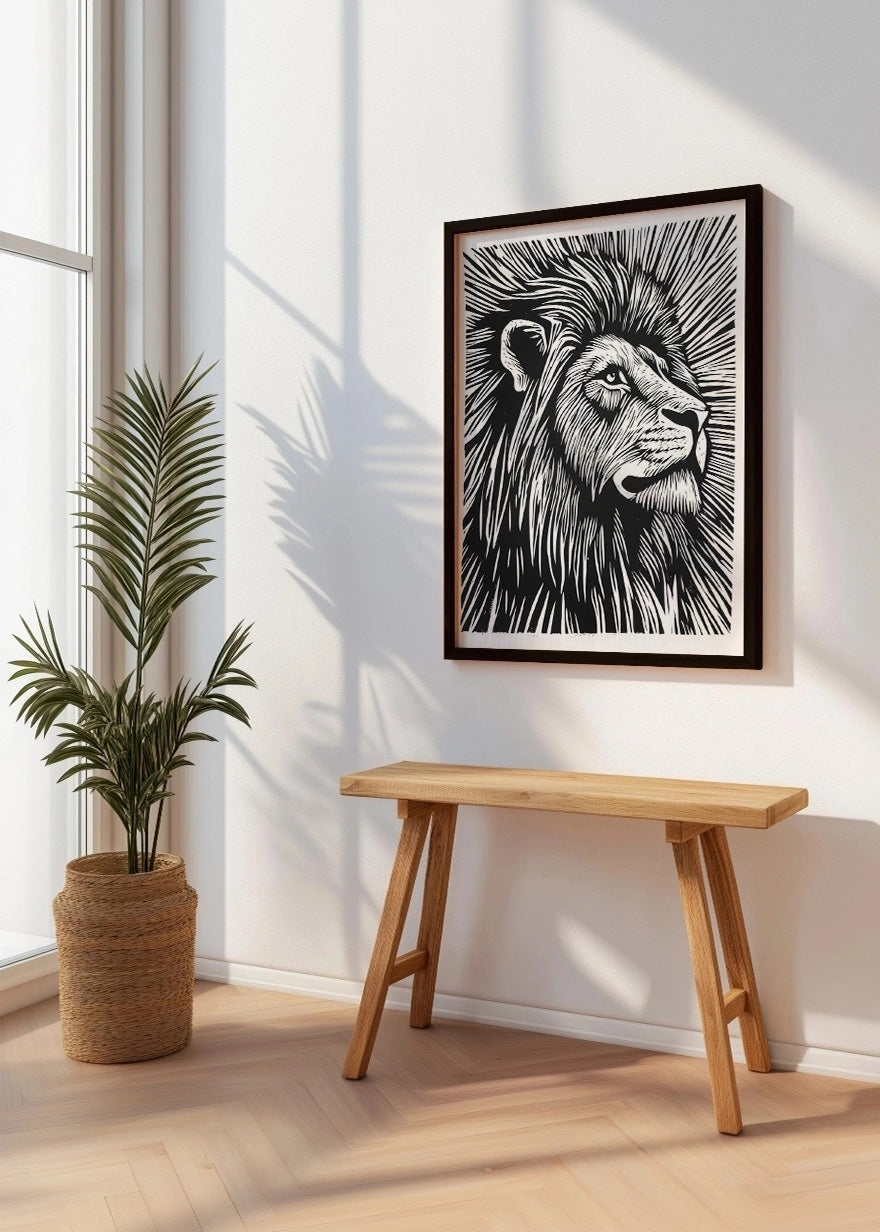 Cuadro León diseño Linocut - blanco y negro