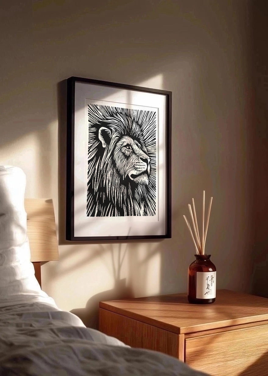 Cuadro León diseño Linocut - blanco y negro