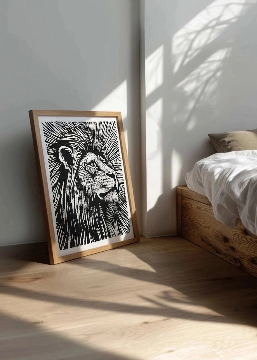 Cuadro León diseño Linocut - blanco y negro