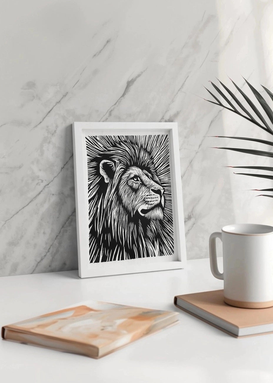 Cuadro León diseño Linocut - blanco y negro