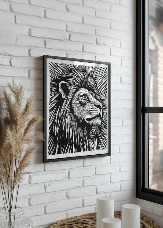 Cuadro León diseño Linocut - blanco y negro