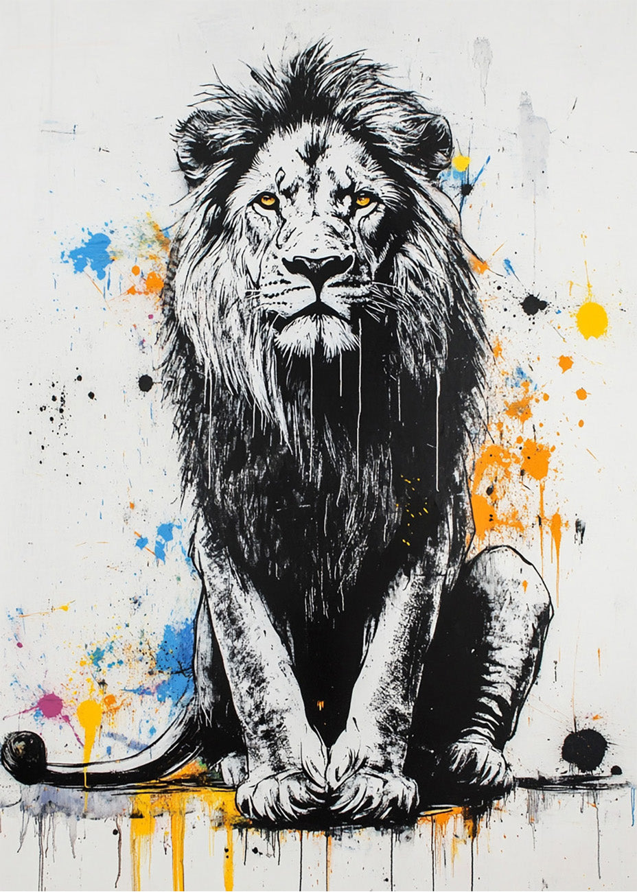 Cuadro León sentado con explosión de color